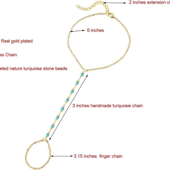 Adjustable Handmade 18K Gold Plated Turquoise Beaded Finger Chain Bracelet - Picture 5 of 5